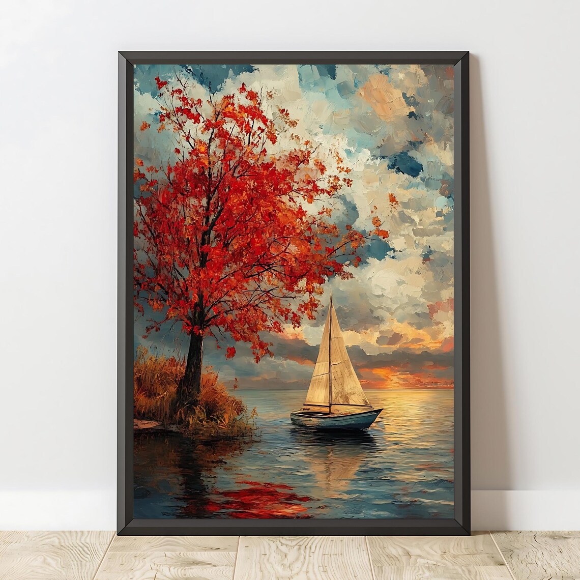 Autumn Lake Art Print, Serene Sailboat Landscape - Image 3