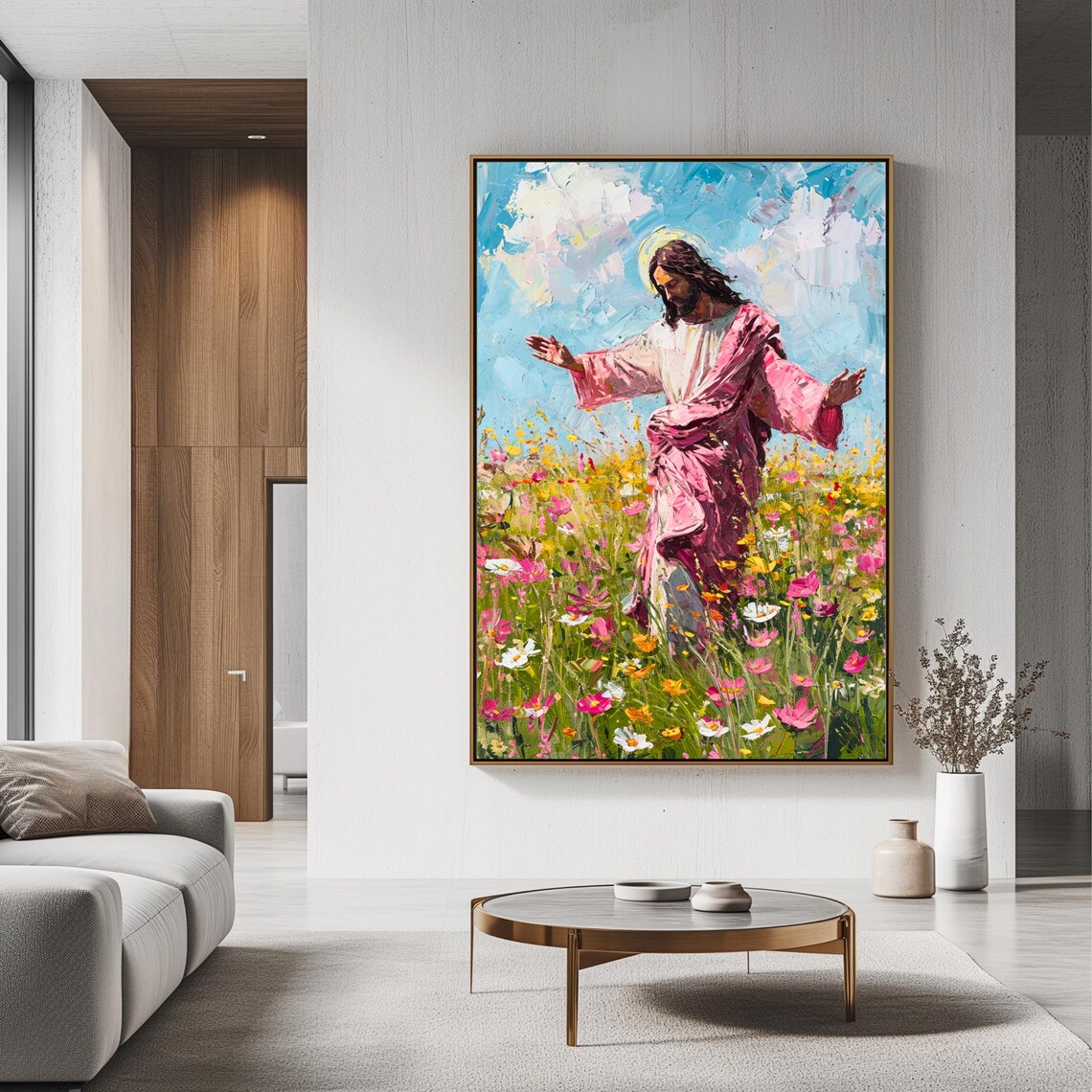 Jesus Christ Walking Wildflower Meadow Pink Robe Christian Wall Art Poster - Image 3