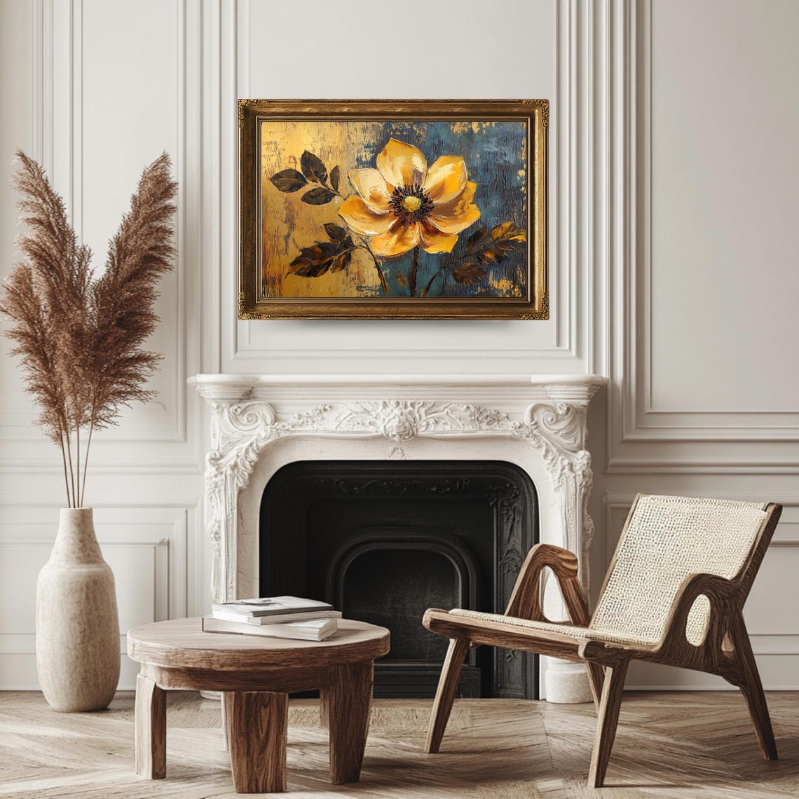 Yellow Flower Anemone Painting Golden Petals Teal Abstract Wall Art - Image 3