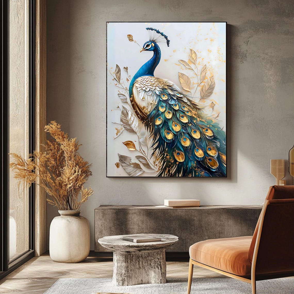 Elegant Peacock Gold And Teal Feathers Ornate Plumage Wall Art Print - Image 3
