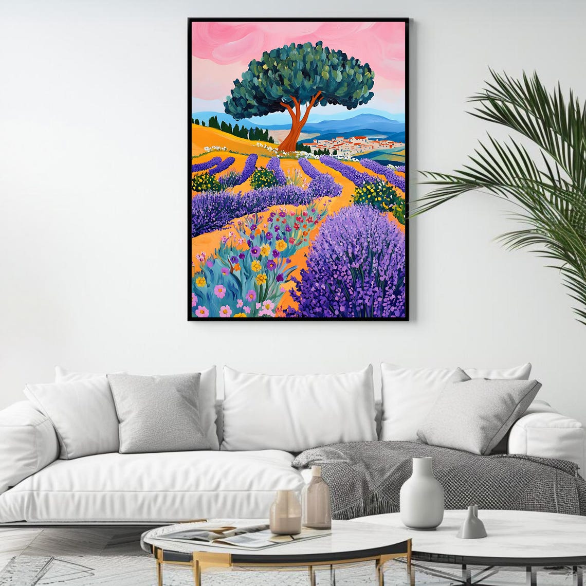 Provence Lavender Rows Wildflowers And Pine Tree Pink Sky Art Poster - Image 4