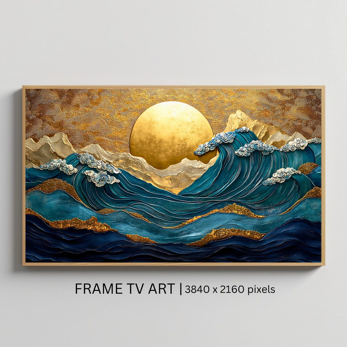 Golden Sun Over Teal Ocean Waves Japanese Style Textured Art Poster