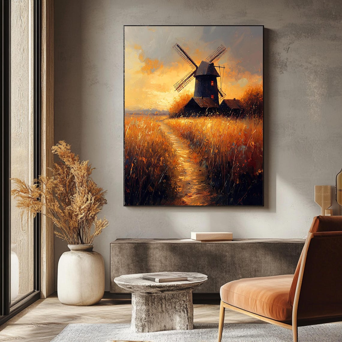 Vintage Windmill Landscape Art Print Golden Sunset Field Wall Decor Rustic Artwork - Image 3