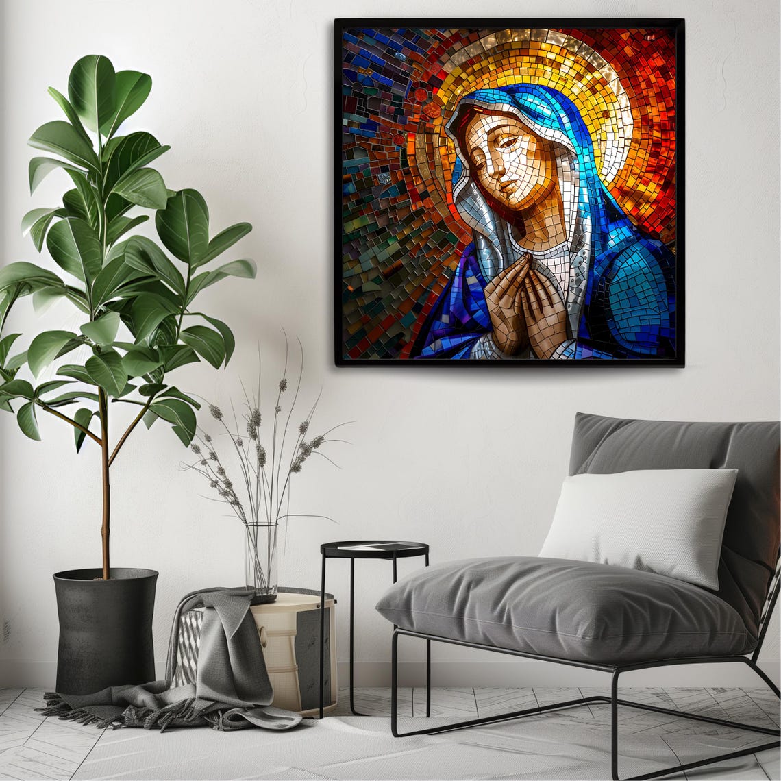 Blessed Virgin Mary Mosaic Praying Halo Catholic Religious Art Poster - Image 3