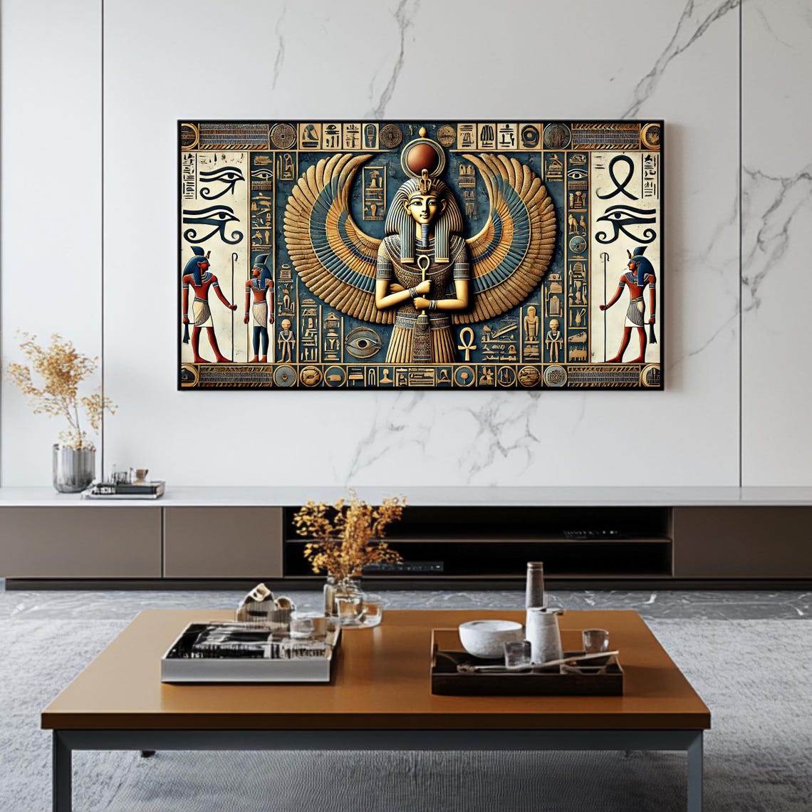 Ancient Egyptian Winged Goddess Hieroglyphs Golden Pharaoh Art Poster - Image 2