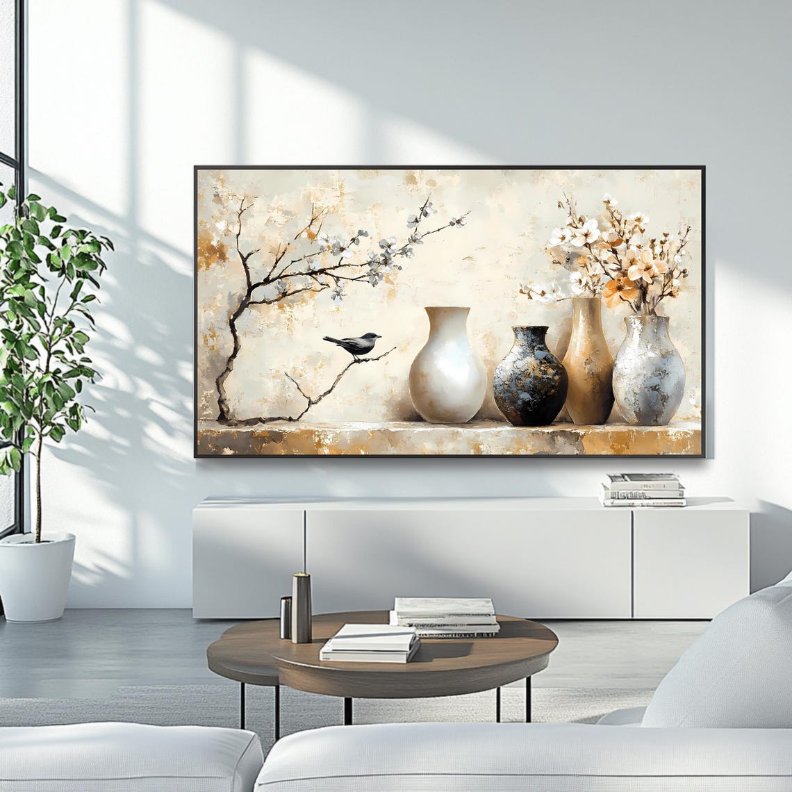 Elegant Ceramic Vases Cherry Blossom Bird Neutral Still Life Poster - Image 4