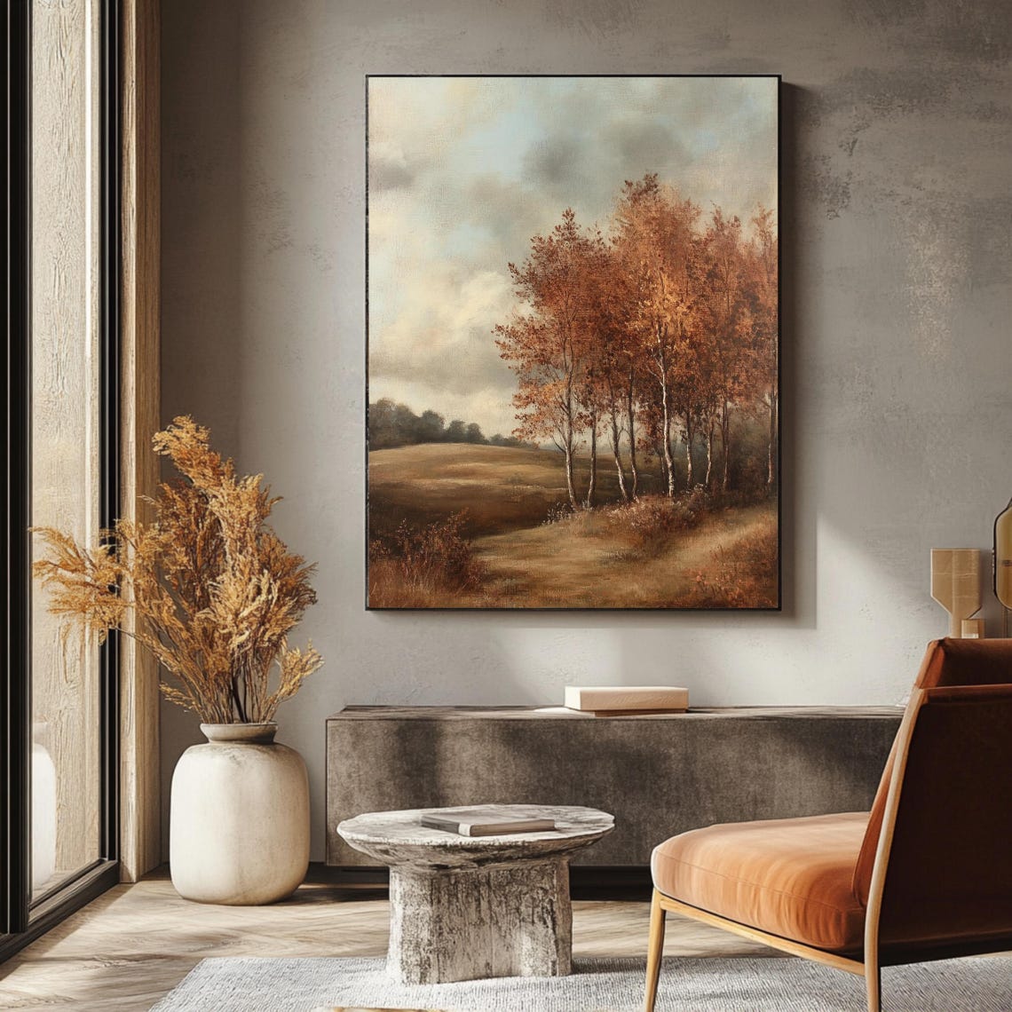 Vintage Autumn Birch Trees Golden Field Moody Sky Fall Landscape Print - Image 3