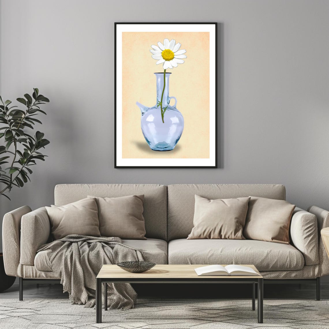 Blue Glass Water Jug Single Daisy Minimal Beige Floral Wall Art Poster - Image 3