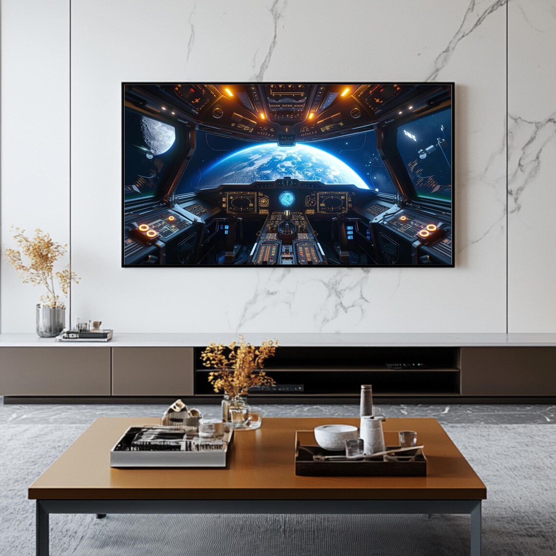 Space Cockpit Earth View Sci Fi Spaceship Bridge Astronaut Frame TV Art Poster - Image 2