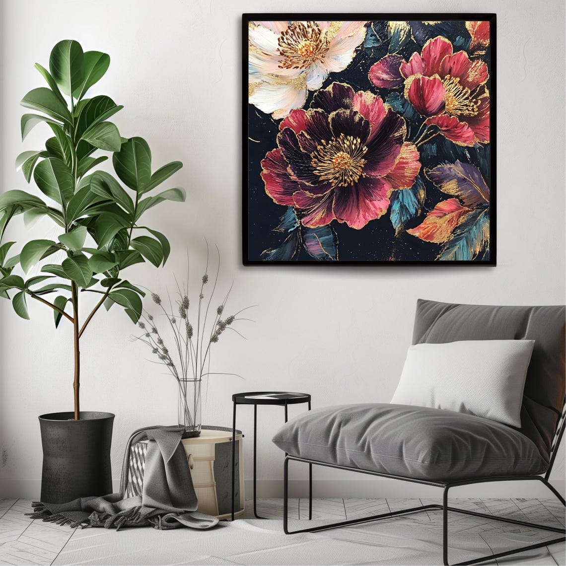Gold Accented Burgundy Anemone Flowers Dark Moody Botanical Art Poster - Image 3