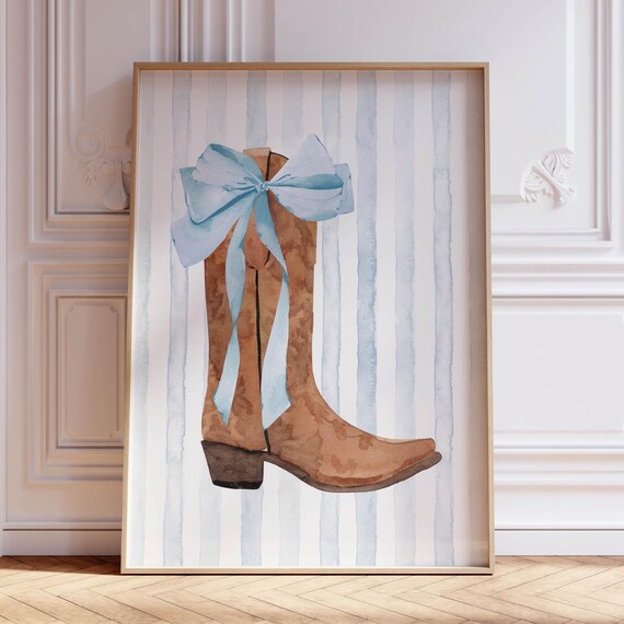 Single Tan Cowboy Boot With Light Blue Bow Striped Western Wall Art
