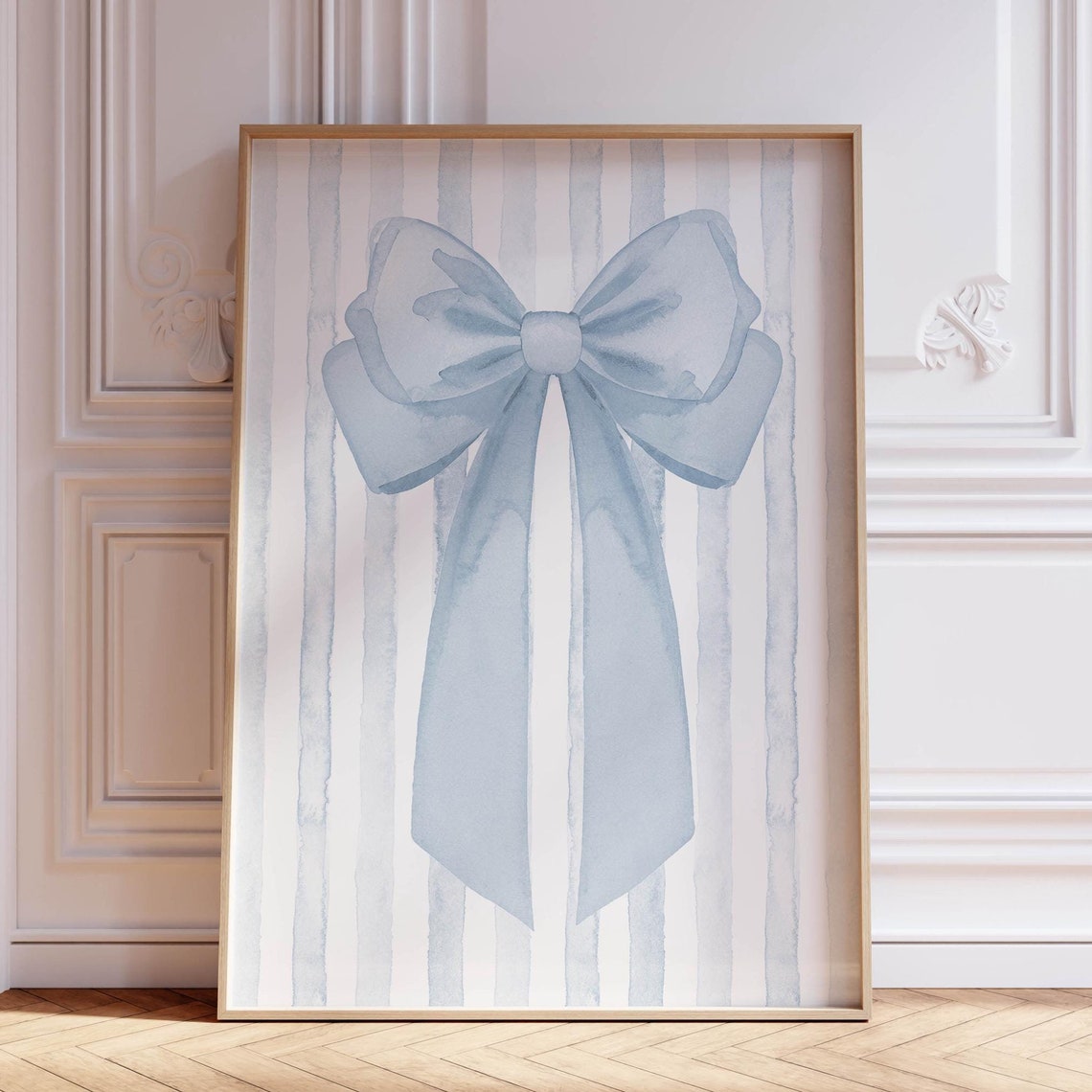 Large Charming Light Blue Bow On Blue Striped Watercolor Wall Art