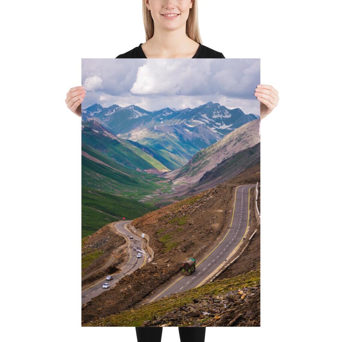 Winding Mountain Road Green Valley Peaks Travel Photo Poster