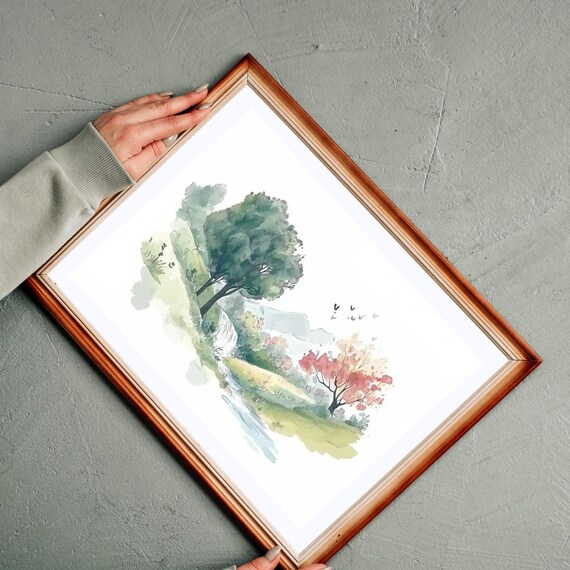 Watercolor Landscape River Trees Pink Blossom Serene Nature Wall Art