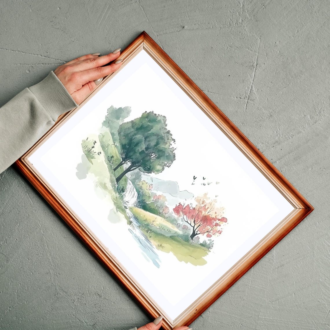 Watercolor Landscape River Trees Pink Blossom Serene Nature Wall Art