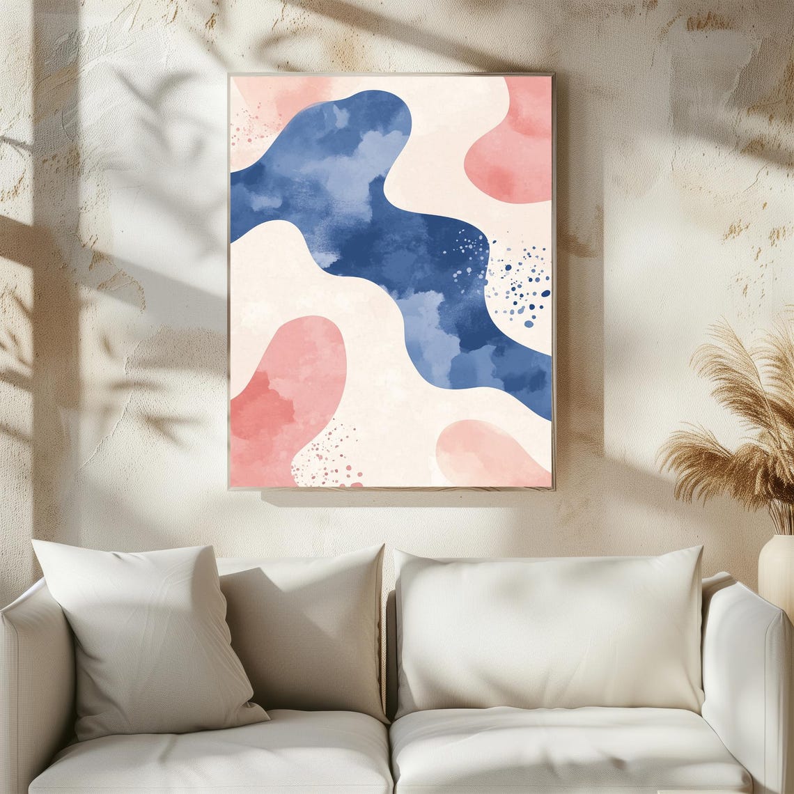Navy Blue and Blush Abstract Blob Watercolor Painting Poster