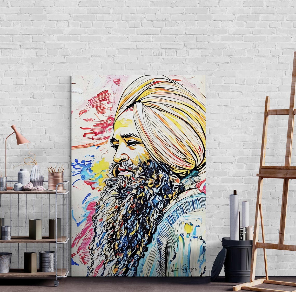 Bearded Man in a Turban Colorful Abstract Line Portrait Art Print - Image 3