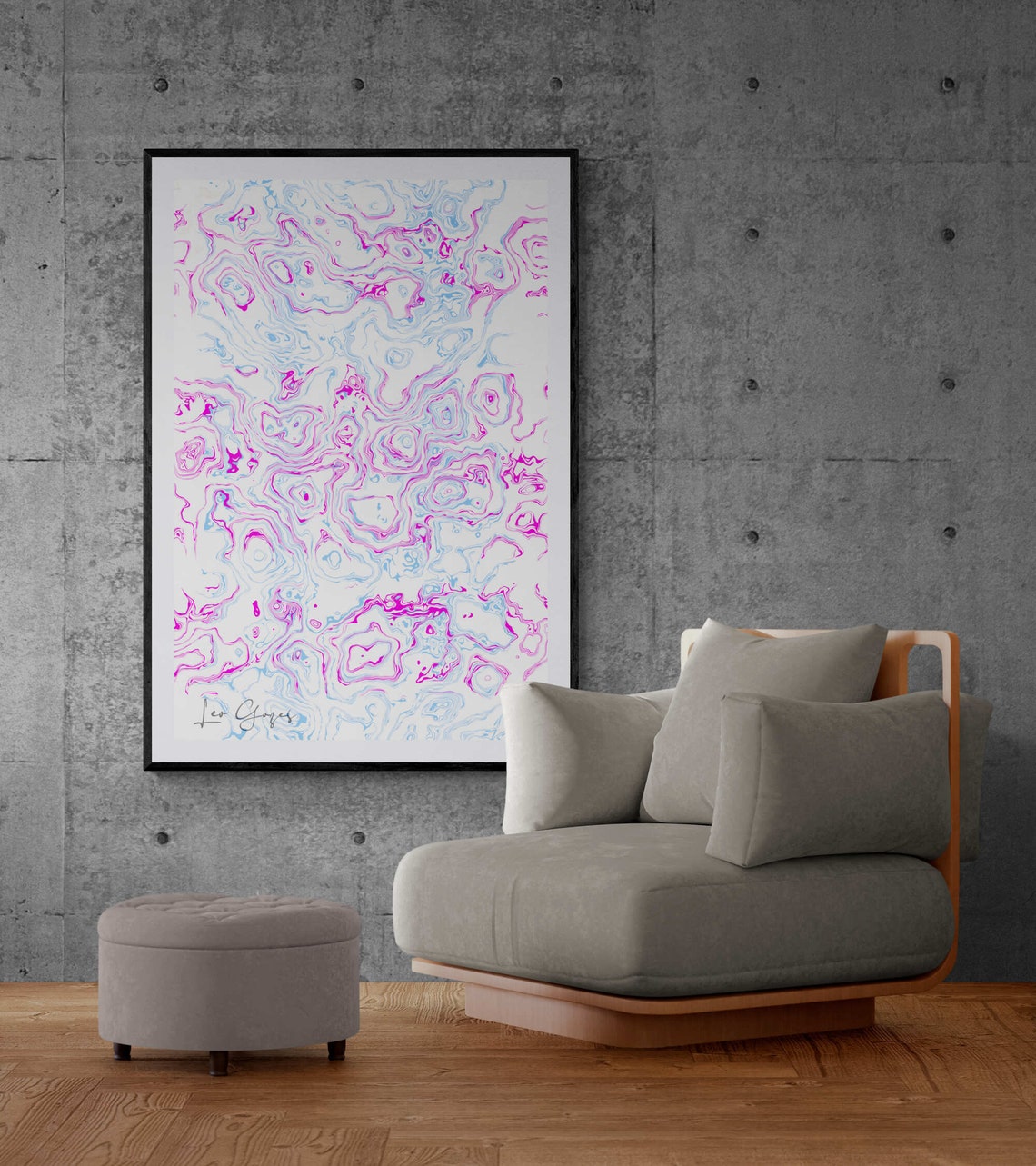 Magenta and Sky Blue Fluid Marble Swirl Abstract Line Art Print - Image 2