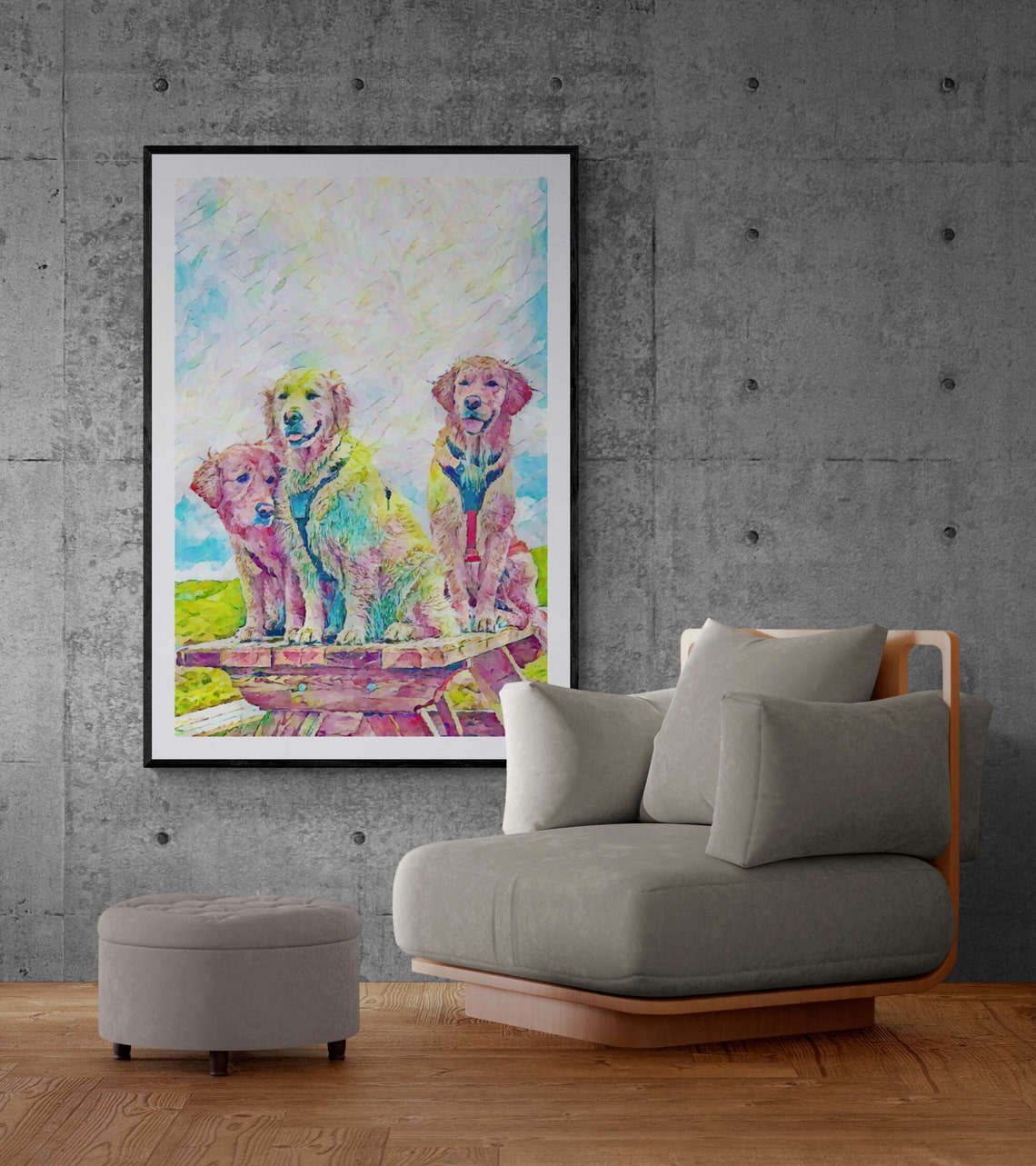 Three Golden Retrievers on a Picnic Table Watercolor Dog Print - Image 3