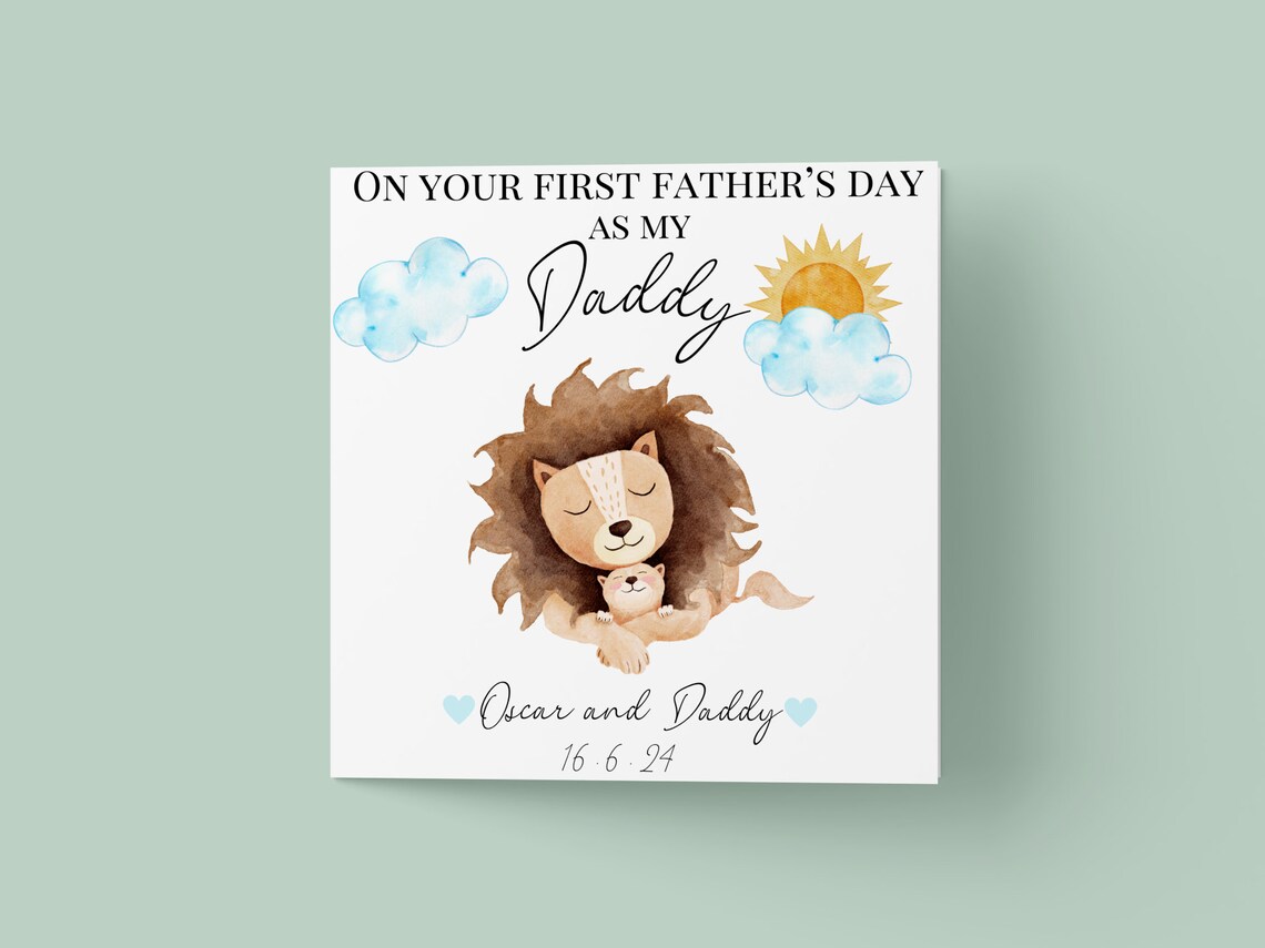 Personalized First Fathers Day Card With Lion and Cub Daddy and Child Print