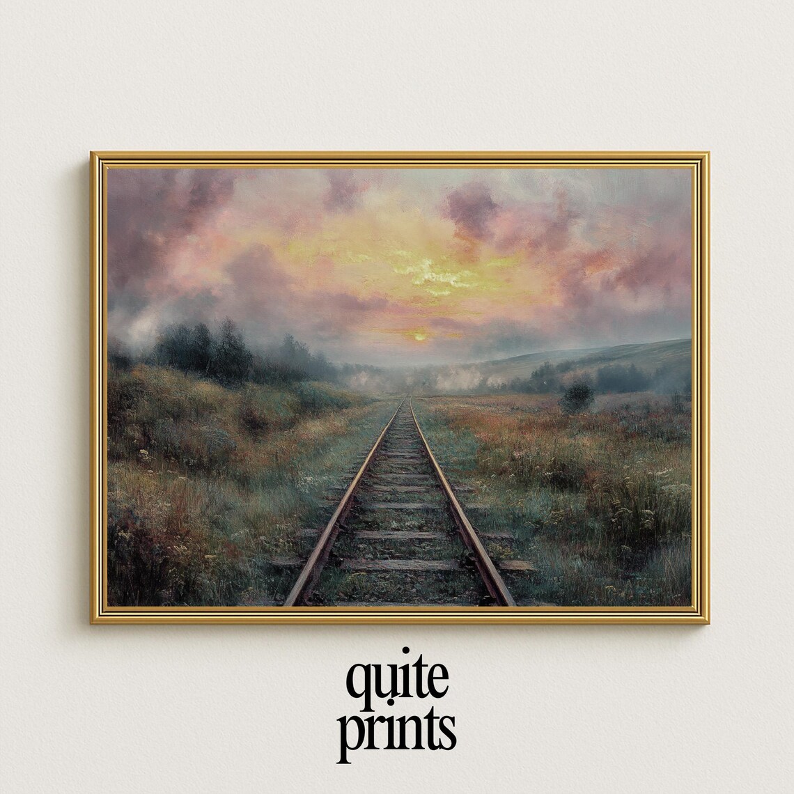 Straight Railway Track Vanishing Into Misty Horizon At Dawn Poster