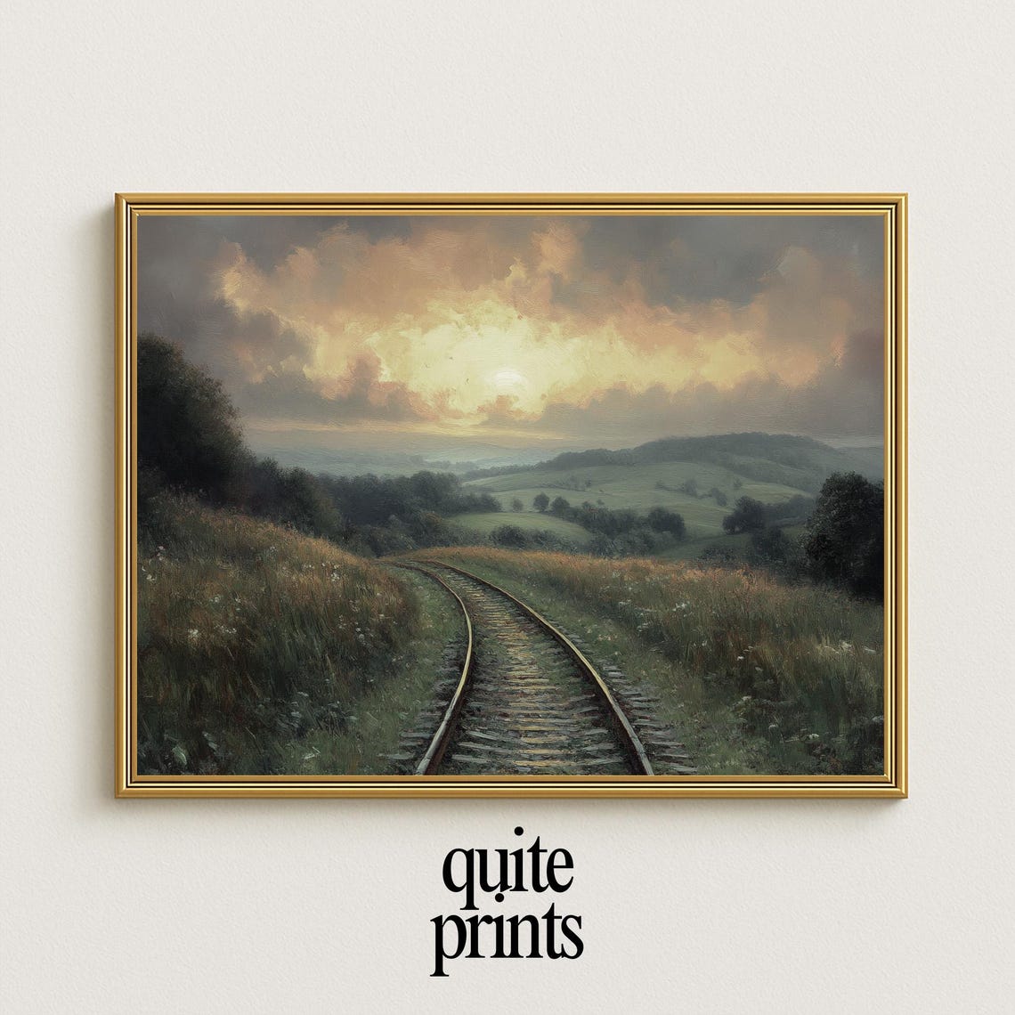 Curving Railway Track Across Rolling Hills Under Sunset Sky Poster