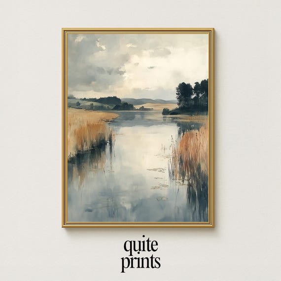 Serene Vintage River Landscape Print Farmhouse Countryside Wall Art Muted Green
