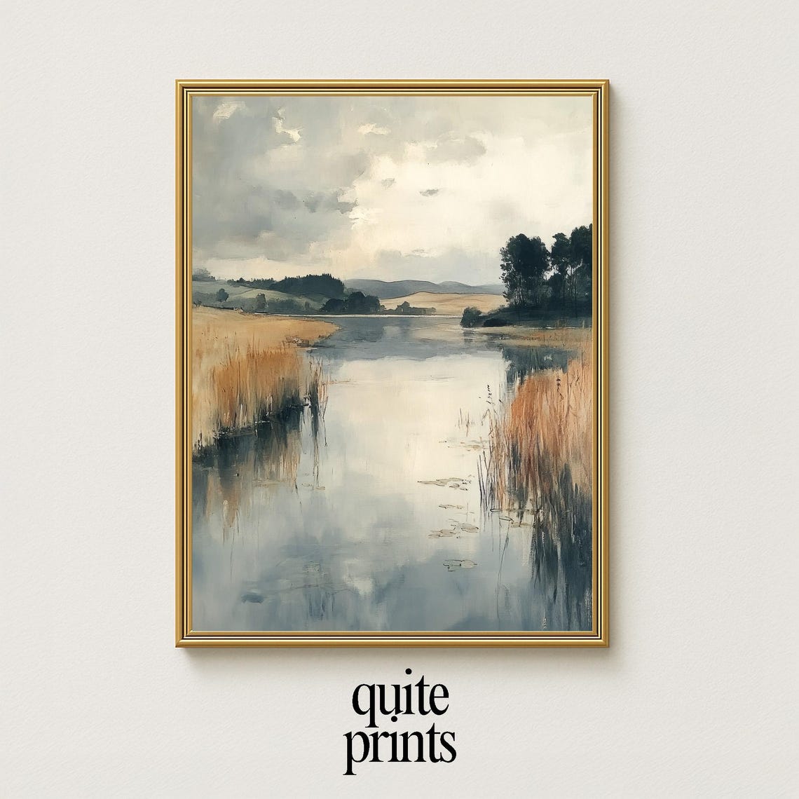 Golden Reeds River Reflection Serene Neutral Landscape Oil Poster