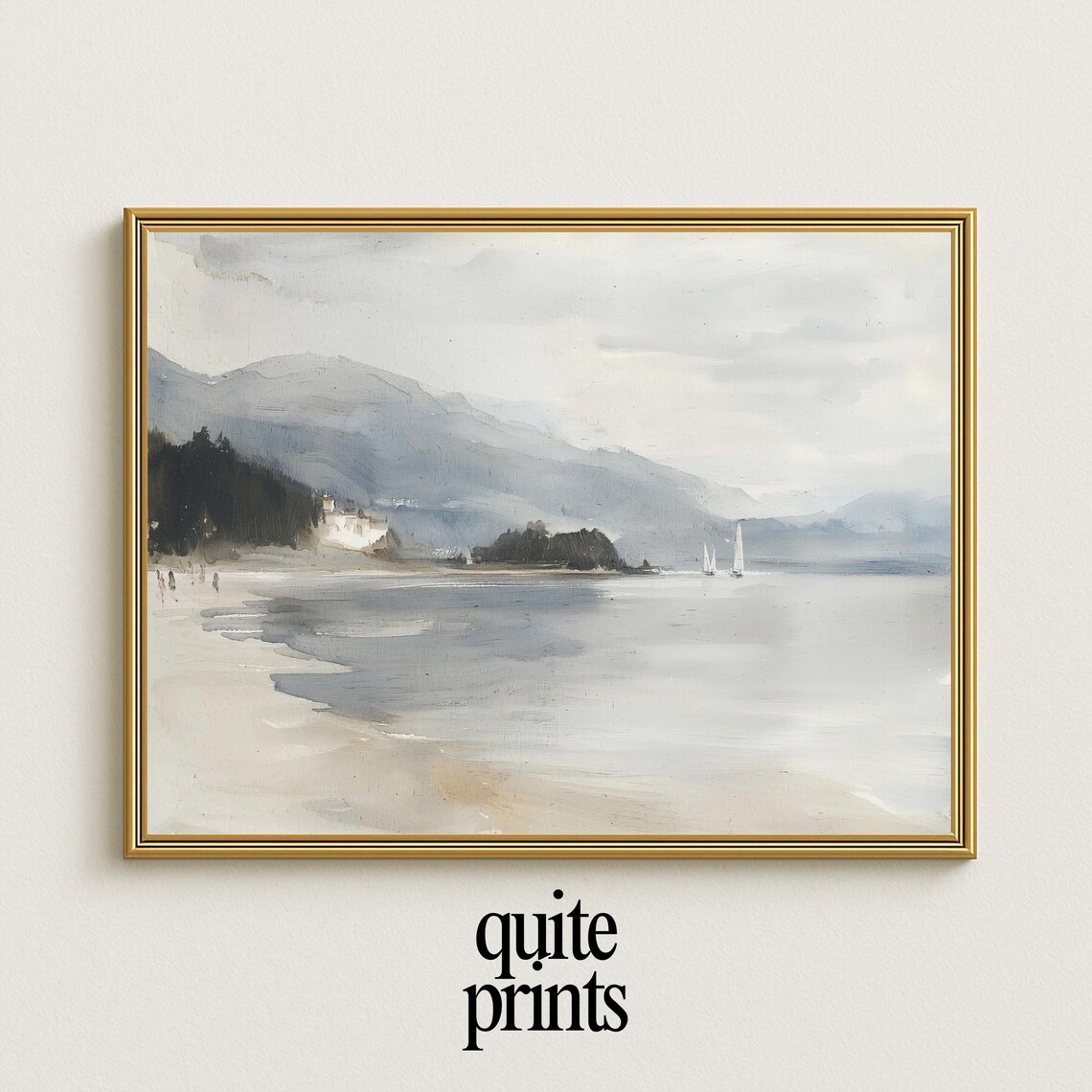 Misty Coastal Inlet Watercolor Sailboats Mountains Quiet Harbor Poster