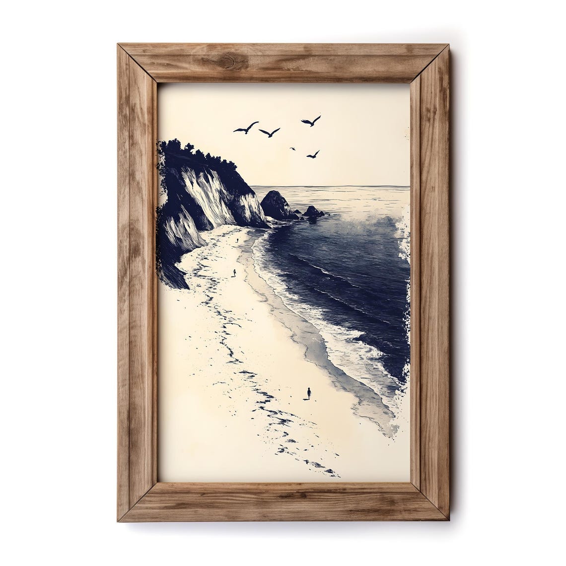 Coastal Cliffs Seabirds Duotone Navy Cream Vintage Ocean Scene Poster