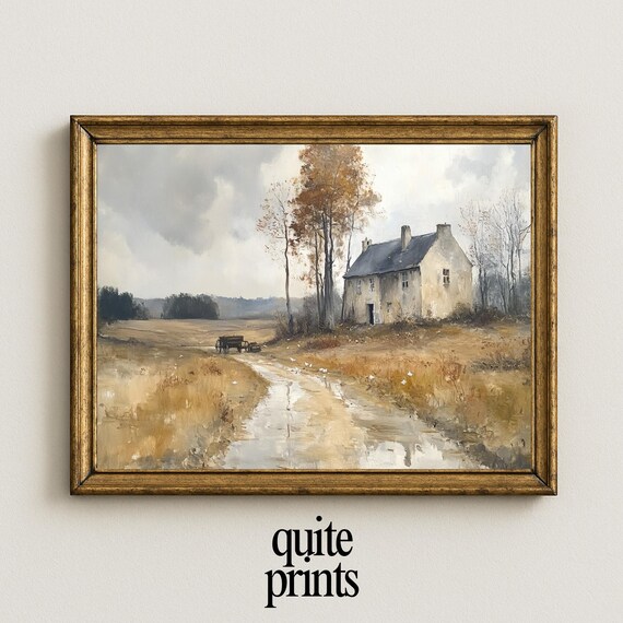 Autumn Farmhouse Muddy Road Rustic Country Landscape Scene Poster