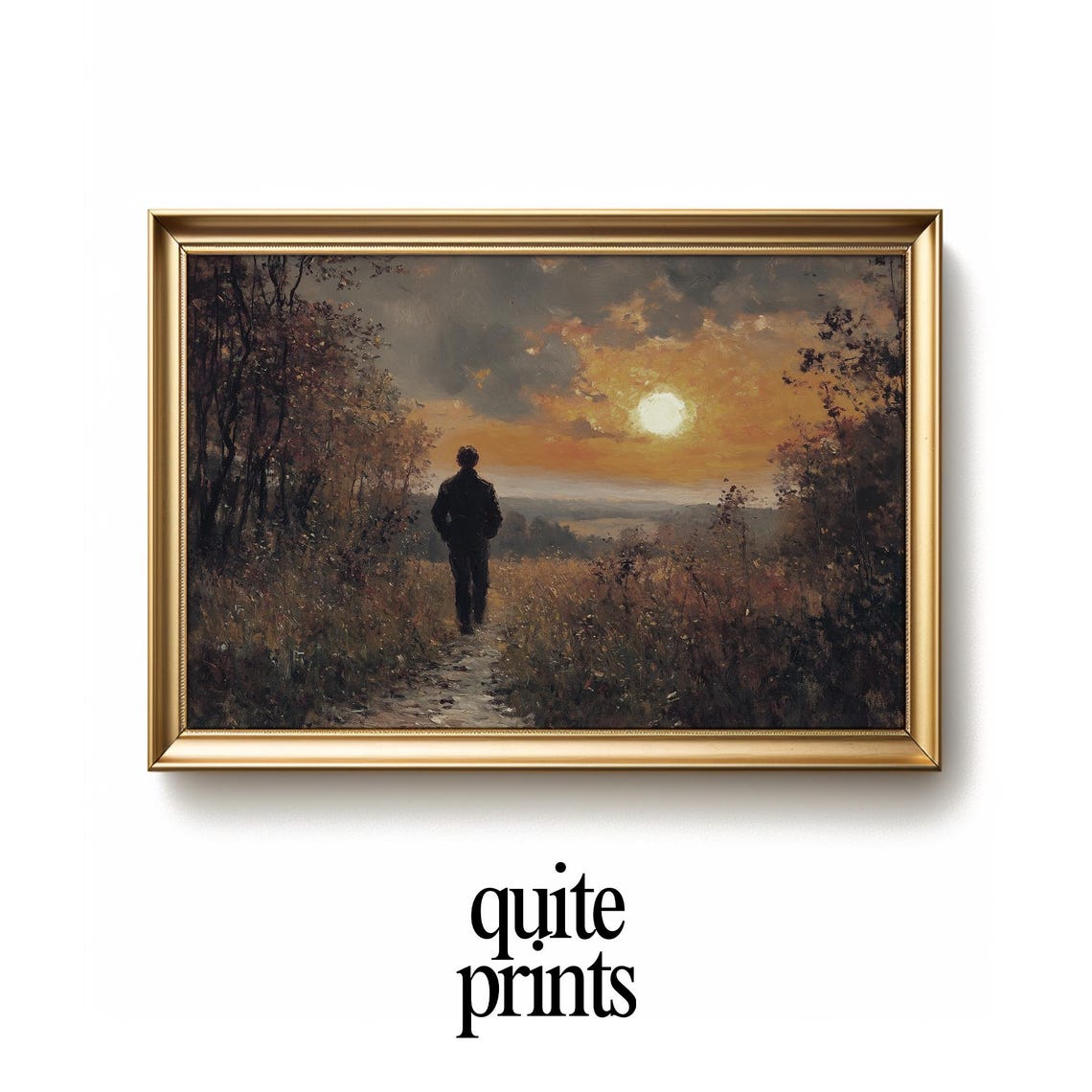 Lone Man Walking Sunset Tall Grass Amber Sky Moody Landscape Poster