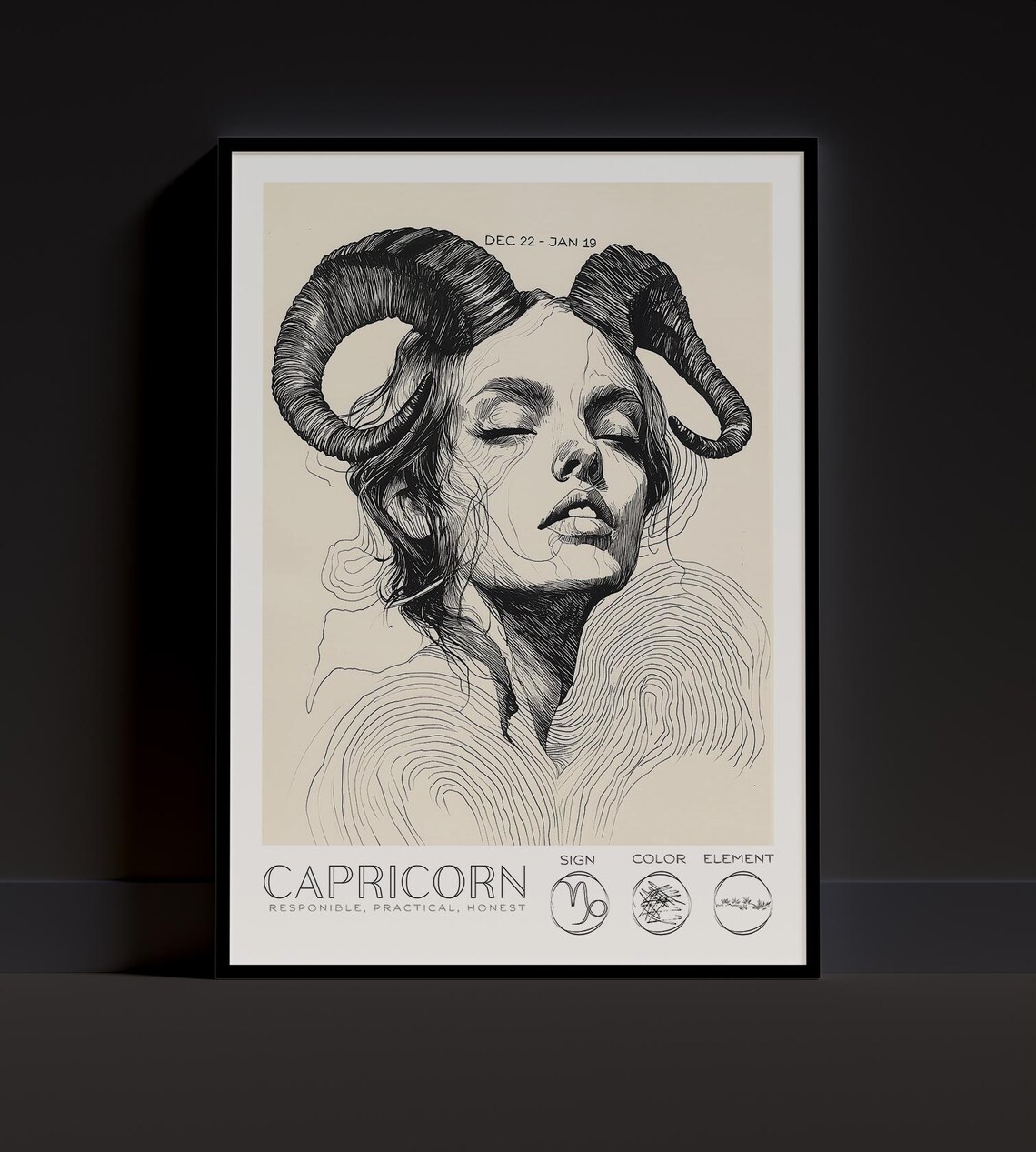 Capricorn Zodiac Line Art Ram Horns Woman Portrait Astrology Poster