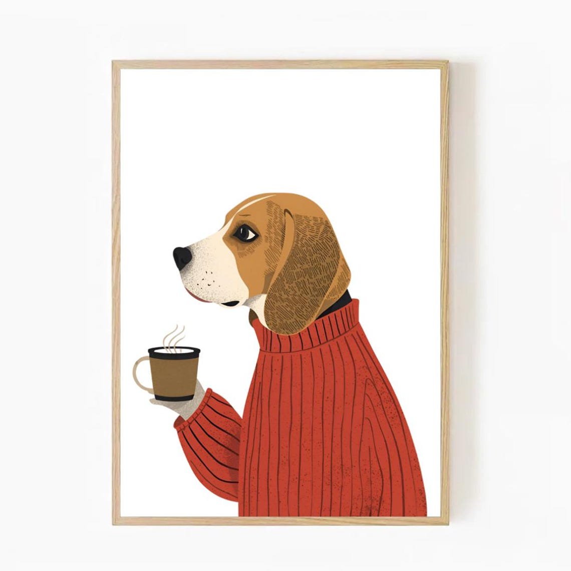 Beagle Dog Coffee Poster Puppy in Red Sweater Cute Illustration