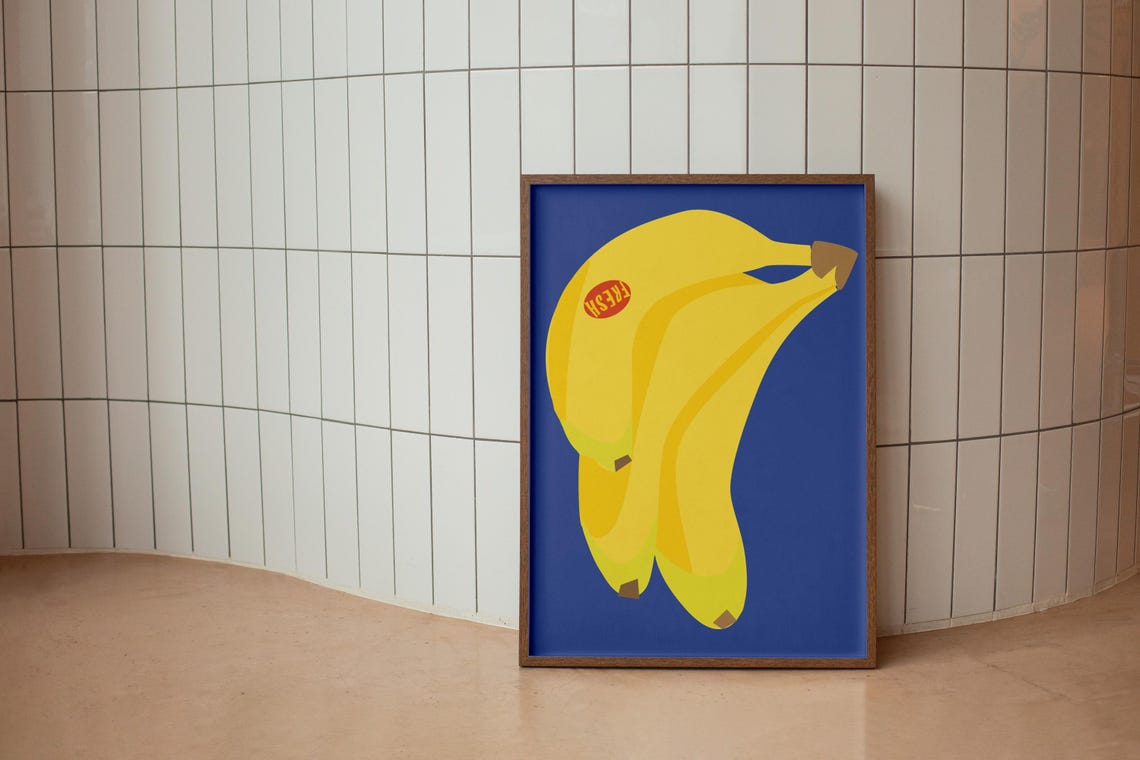 Fresh Bananas Yellow Pop Art Blue Background Kitchen Decor Poster