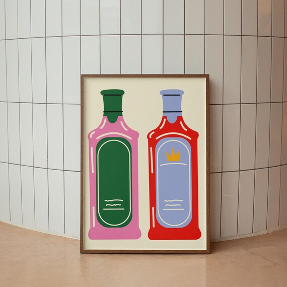 Colorful Gin Bottles Illustration Bar Cart Cocktail Art Poster
