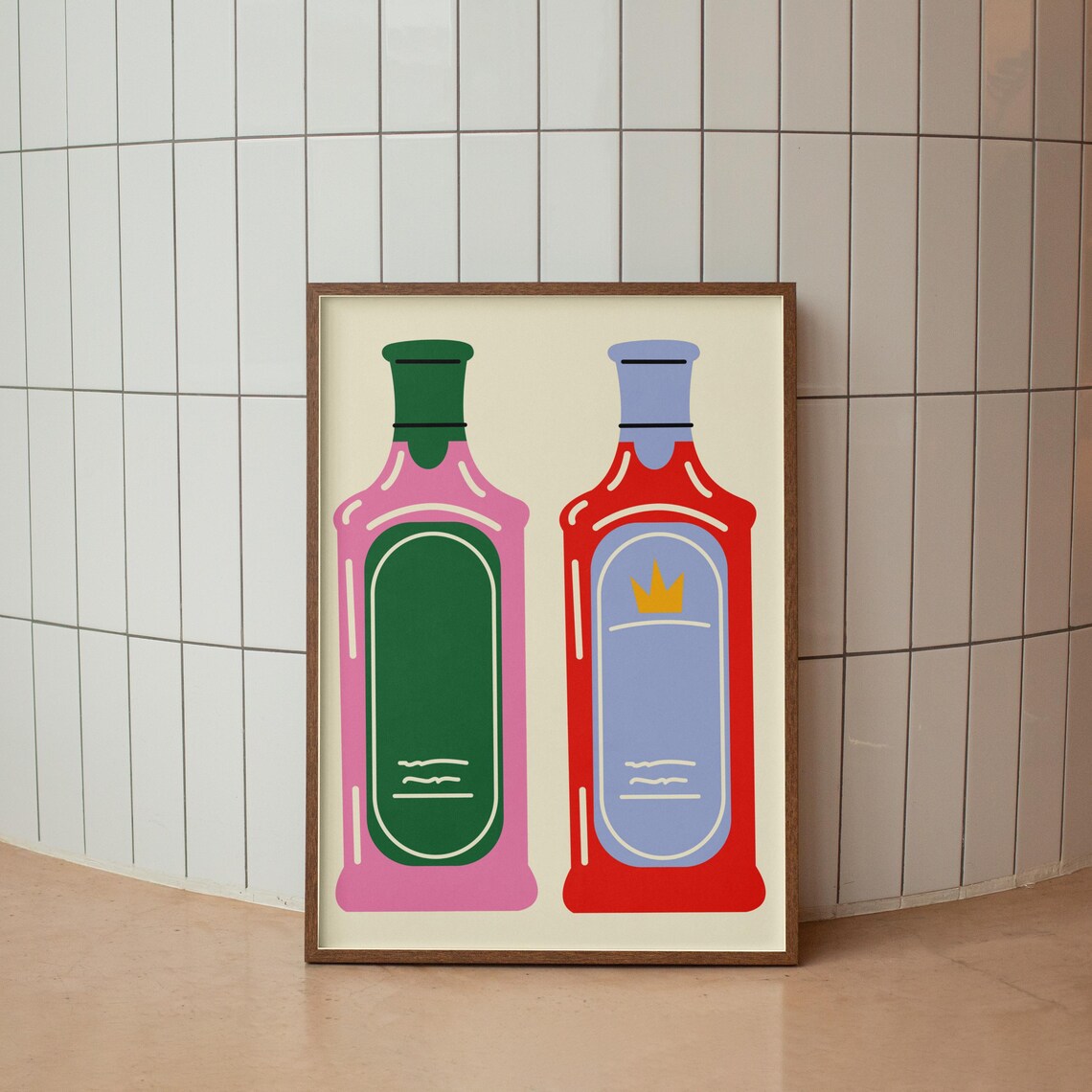 Colorful Gin Bottles Illustration Bar Cart Cocktail Art Poster