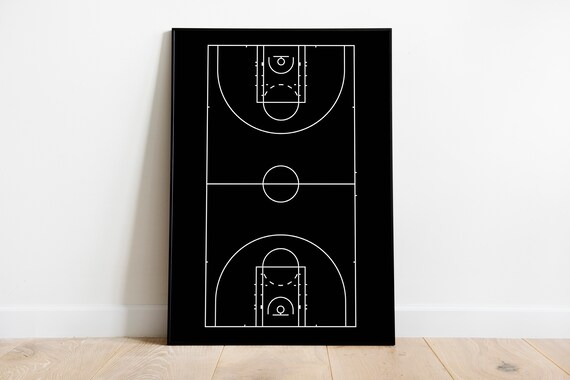 Basketball Court Diagram Black White Minimalist Sports Decor Poster