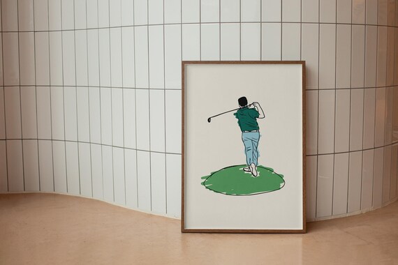 Golfer Mid Swing Back View Green Tee Minimalist Hand Drawn Golf Poster