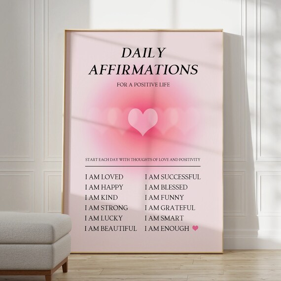 Daily Affirmations Pink Aura Heart Motivational Quote Art Poster