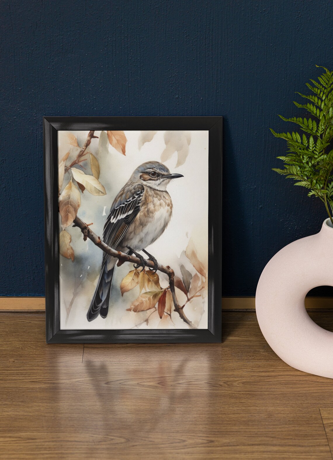 Northern Mockingbird Watercolor Perched on Branch Songbird Art Poster