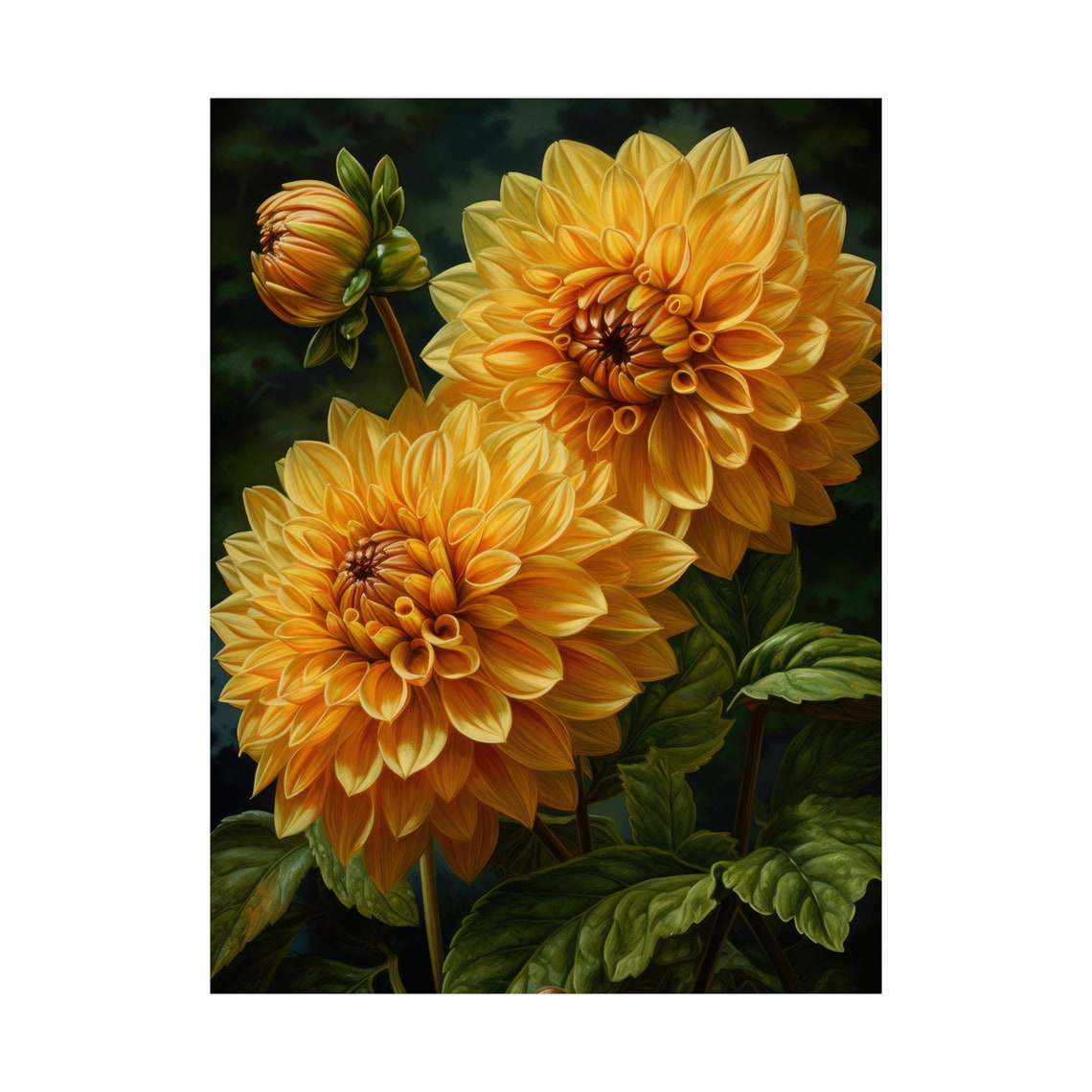Honey Yellow Dahlia Blooms Dark Green Leaf Botanical Art Print - Image 4