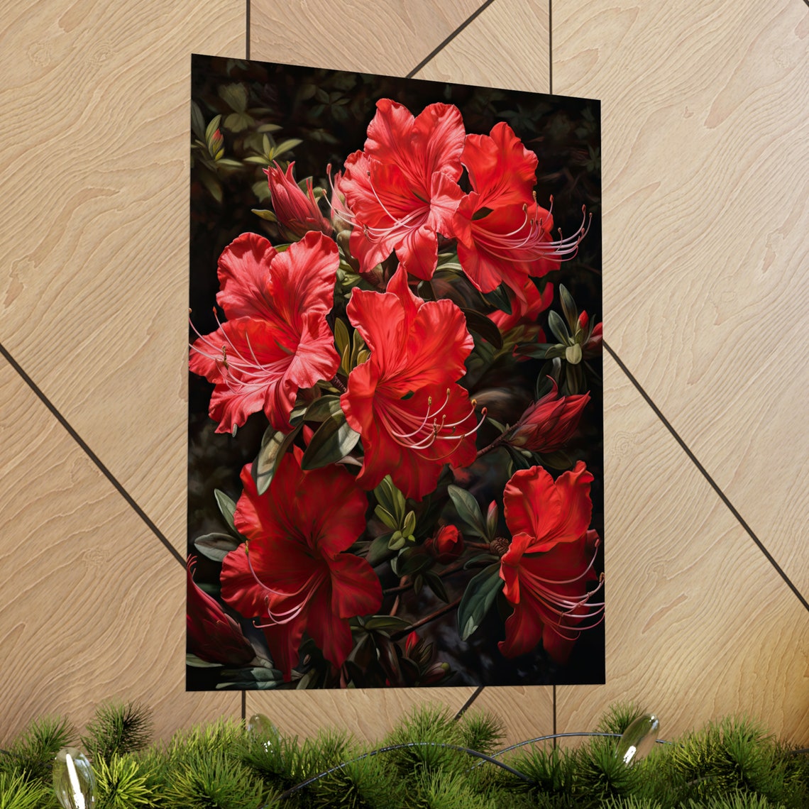 Bright Red Azalea Flower Cluster Dark Moody Botanical Art Poster - Image 2