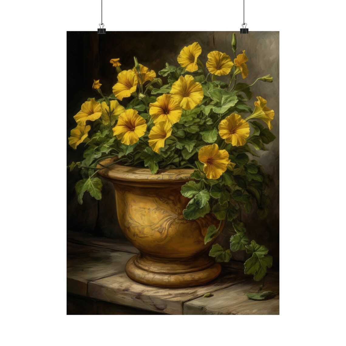 Yellow Petunias Terracotta Urn Dark Moody Floral Still Life Poster - Image 5