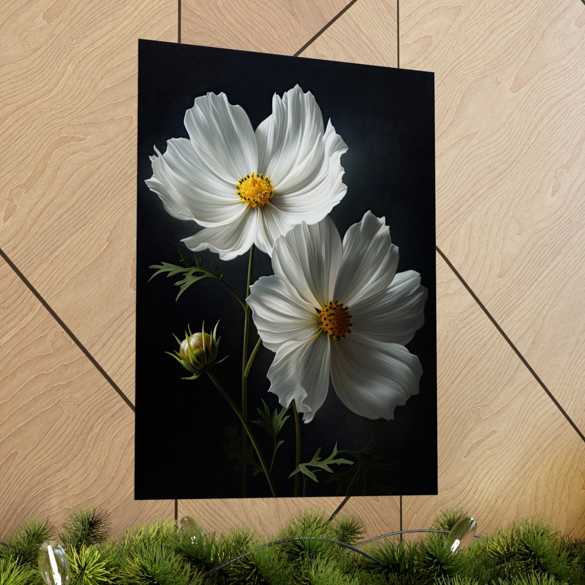 White Cosmos Flowers Dark Background Botanical Fine Art Poster - Image 2