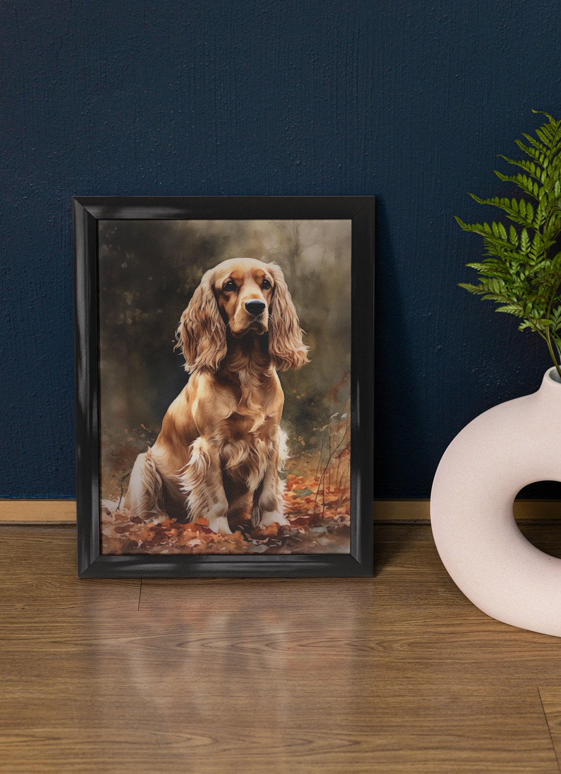 Golden Cocker Spaniel Dog Sitting Among Autumn Leaves Poster
