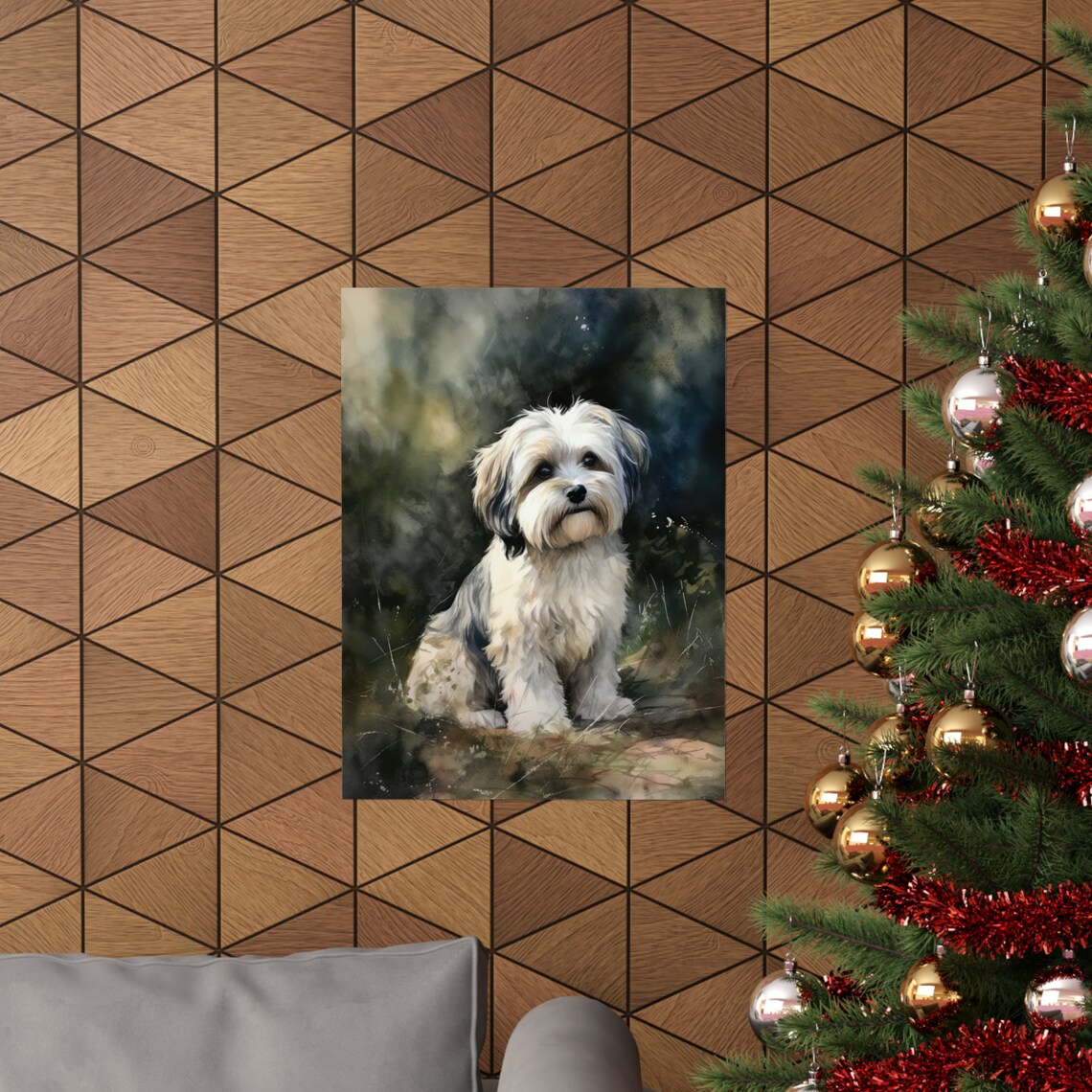 Tibetan Terrier Fluffy White Puppy Woodland Watercolor Portrait Poster - Image 3