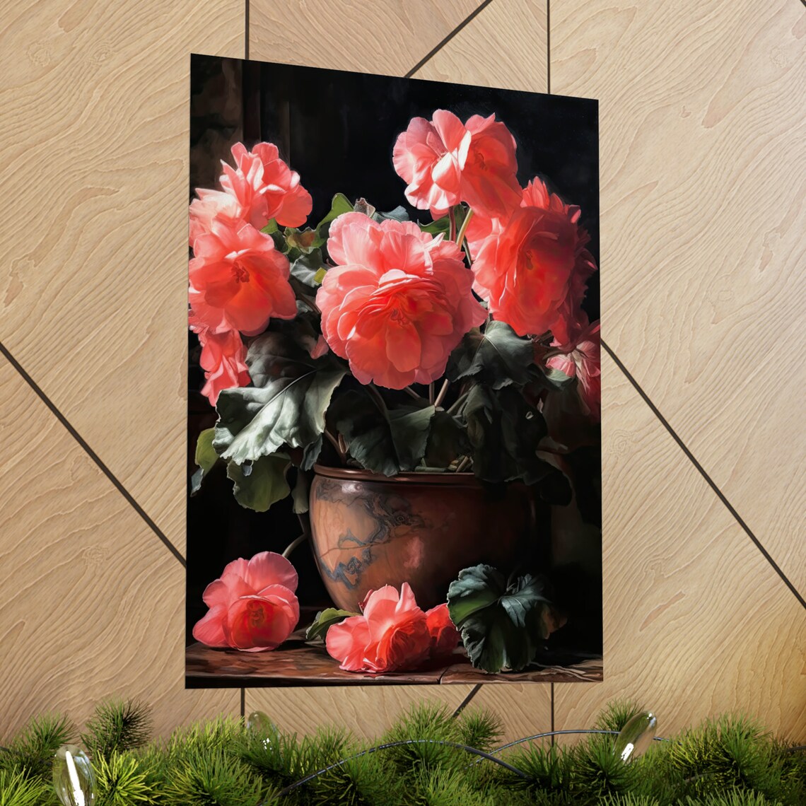 Coral Pink Begonia Potted Blooms Scattered Petals Floral Art Poster - Image 2