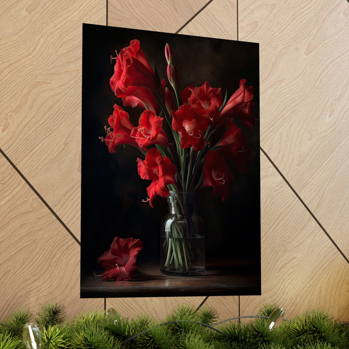 Red Gladiolus Blooms Glass Vase Dark Moody Still Life Flower Poster - Image 2