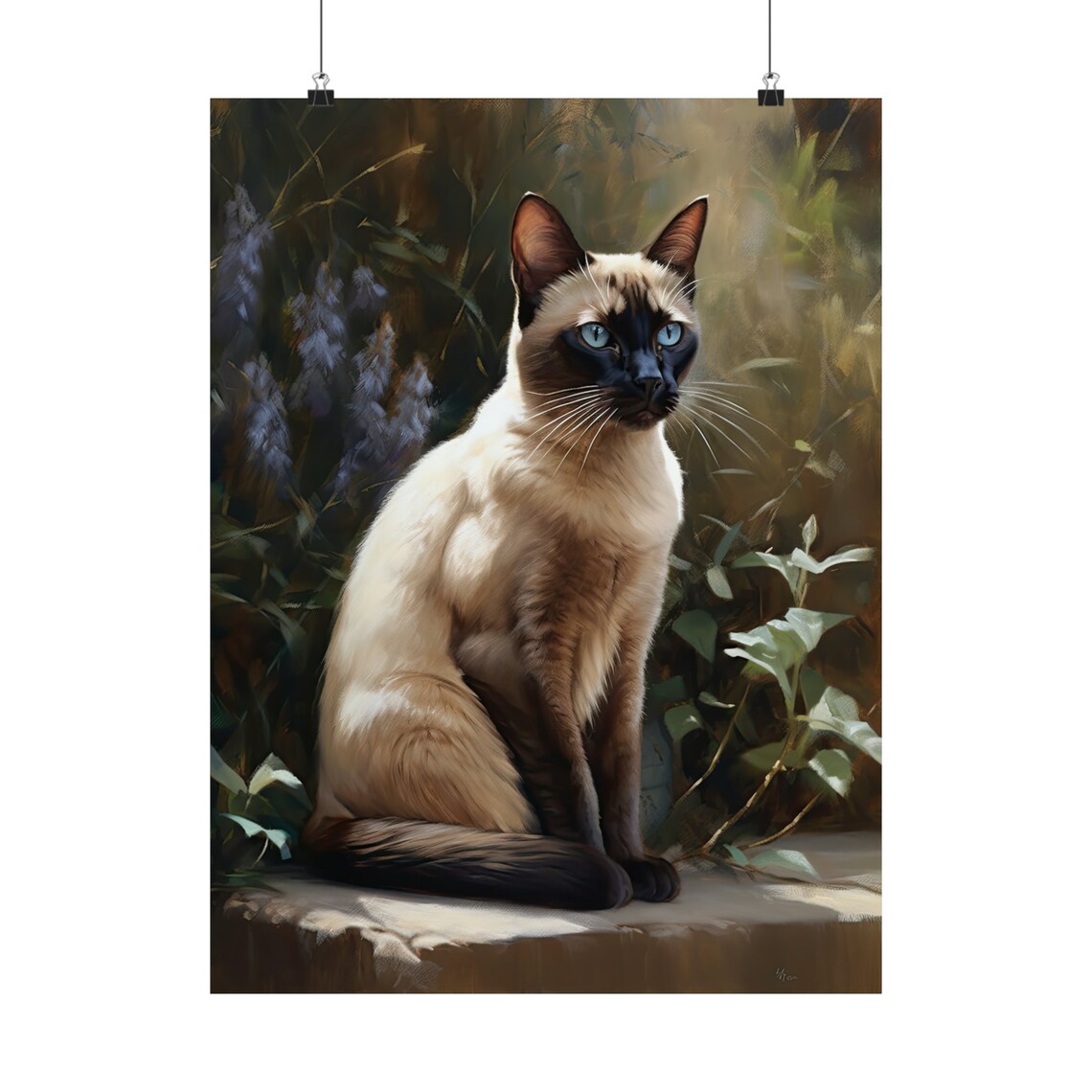 Tonkinese Cat Seal Point Blue Eyes Sitting Among Garden Flowers Print - Image 5